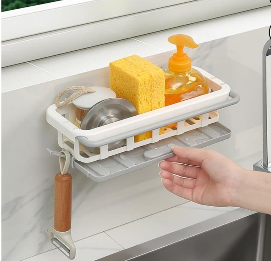 Two Tone Hanging Drain Rack, Retractable Storage Rack with Sponge Drain Tray, Kitchen Bathroom Sink Tray with Drying Basket, Kitchen Storage Organiser (Multicolor, Pack of 1 Pcs)