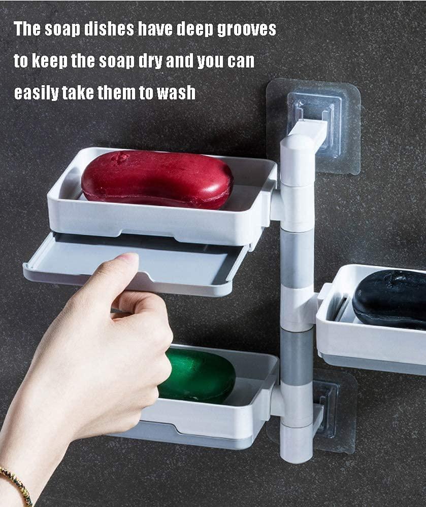 Super Powerful Self-Adhesive 3 Layer Soap Dish Holder for Bathroom Shower and Kitchen Wall Mounted Rotatable Soap Holder Saver Box Storage