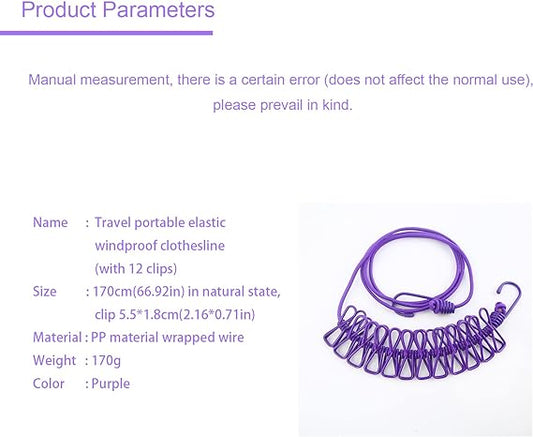 clicksquad 2 PCS Portable Travel Clothesline Windproof Travel Clothesline Retractable Elastic Laundry Clothesline with 12 Clothespins Suitable for Indoor and Outdoor