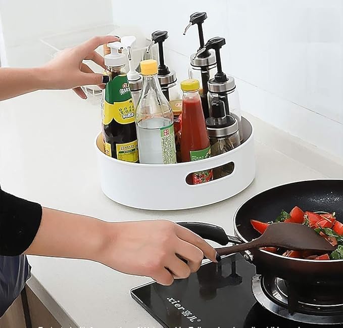 360 Degree Rotating Storage Tray Multifunctional Plastic Kitchen Storage Containers for Spice Jar Snack Food Cosmetic Turntable Rack Non-Slip Bathroom Storage Plate (Plastic)