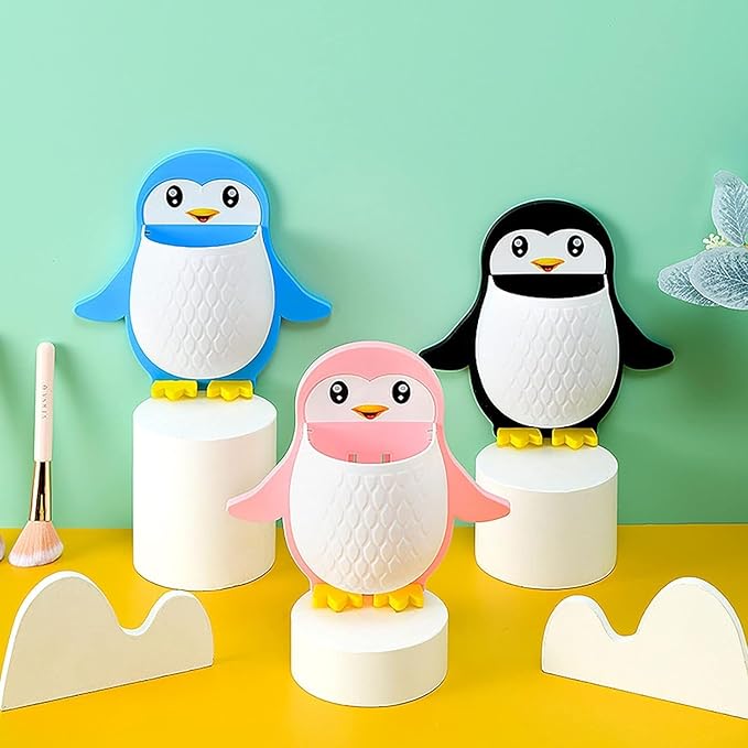 Toothbrush Holder, Plastic Wall Mounted Penguin Shape Storage Organizer for Bathroom with Self Adhesive Stick Multipurpose Wall Shelves - ( Multicolor)
