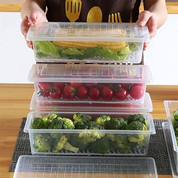 Fridge Storage Boxes Fridge Organizer with Removable Drain Plate and Lid Stackable Plastic Freezer Storage Containers for Fish, Meat, Vegetables, Fruits