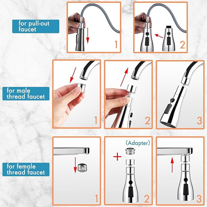 Universal Kitchen Faucet 3-Function Pull Down Sink Sprayer Attachment for Faucet Pull Out Spray Head Big Angle Rotatable Anti -Splash Faucet for Kitchen Rotating Sink Faucet Aerator (silver)