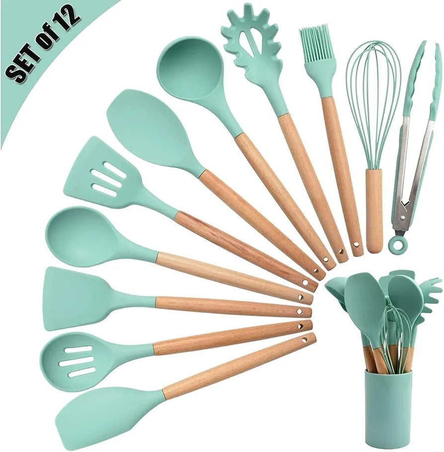 Silicone Kitchen Spatula and Utensils Spoon Set Cooking + Baking Set- 12 Pcs Non-Stick with Wooden Handle-BPA Free, Heat Resistant Item, Flexible Non Toxic Silicon Cookware Tools