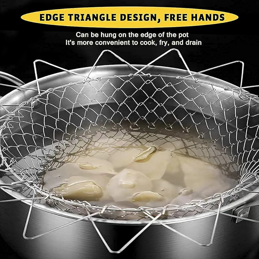 Stainless Steel Deep Fry Strainer for Kitchen | Foldable Steam Rinse Deep Frying Basket | Rinsing Frying Steaming/Oil Cooking Jhara/Filter/Channi for Chips & Pasta