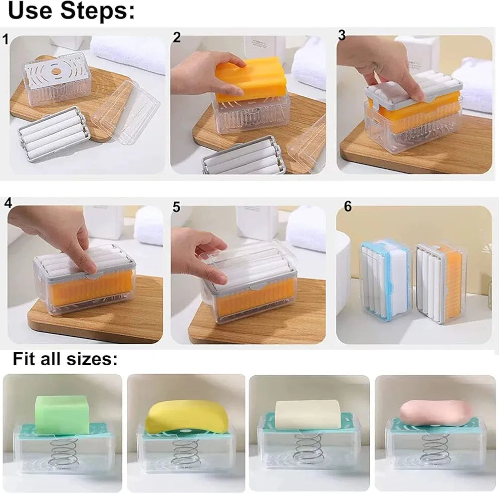Plastic 2-in-1 Portable Laundry Rolling Soap Box Soap Bar Box Dispenser with Rubber Roller Foaming Soap Saver with Drain Holes and Spring Travel Soap Holder, Multicolor (12.2L x 7.2W Cm)