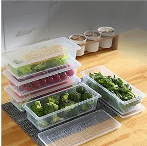 Fridge Storage Boxes Fridge Organizer with Removable Drain Plate and Lid Stackable Plastic Freezer Storage Containers for Fish, Meat, Vegetables, Fruits