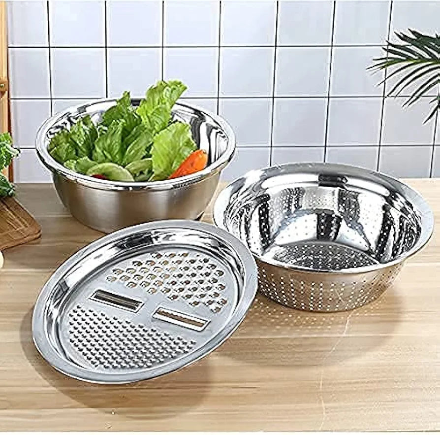 3 in 1 Kitchen Multipurpose Kitchen Stainless Steel Bowl, Drain Basket, Julienne Graters for Vegetable Cutter, Vegetable/Fruit Grater Washing Bowl Kitchen Mesh Strainers(Set of 1)