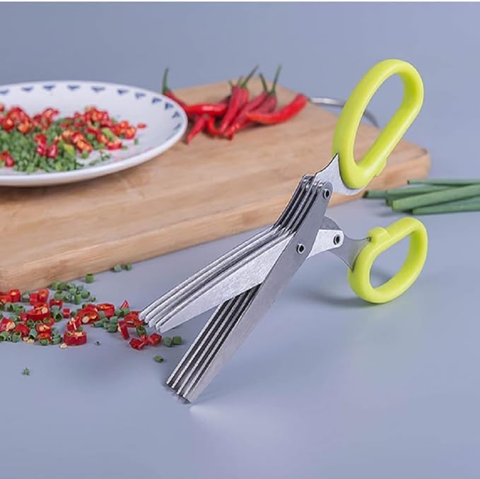 5 Blade scissor Vegetable Scissor Cutter Slicer Paper Food Salad Herb Multipurpose Vegetable Cutter with Cleaning Brush (PACK OF 1)