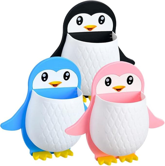 Toothbrush Holder, Plastic Wall Mounted Penguin Shape Storage Organizer for Bathroom with Self Adhesive Stick Multipurpose Wall Shelves - ( Multicolor)