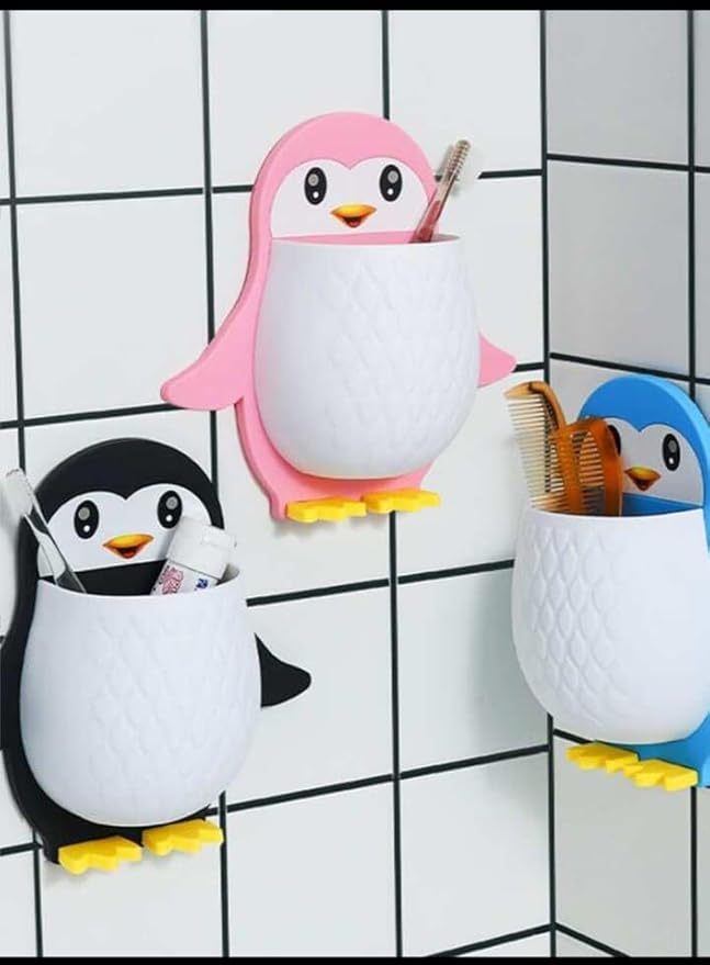 Toothbrush Holder, Plastic Wall Mounted Penguin Shape Storage Organizer for Bathroom with Self Adhesive Stick Multipurpose Wall Shelves - ( Multicolor)