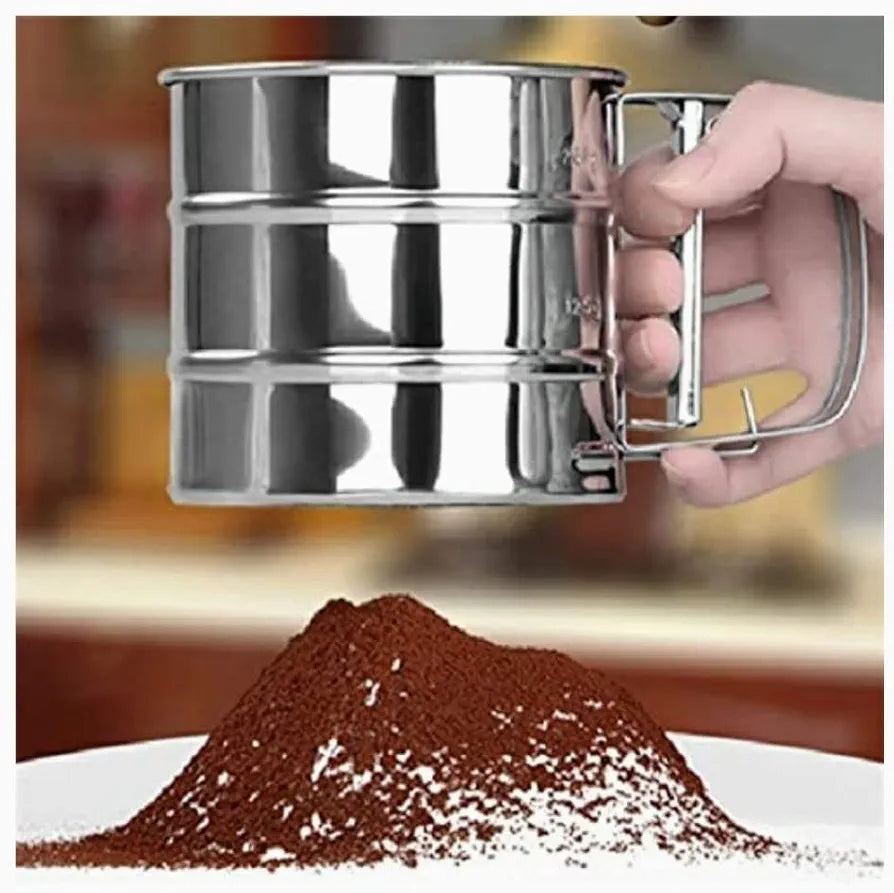 Flour Sifter for Baking Atta chhani Hand Press Design Stainless Steel Flour Sifter Corrosion Resistant Large Capacity Flour Sieve Cup for Sugar Flour and Coffee Powder | Atta Chalni