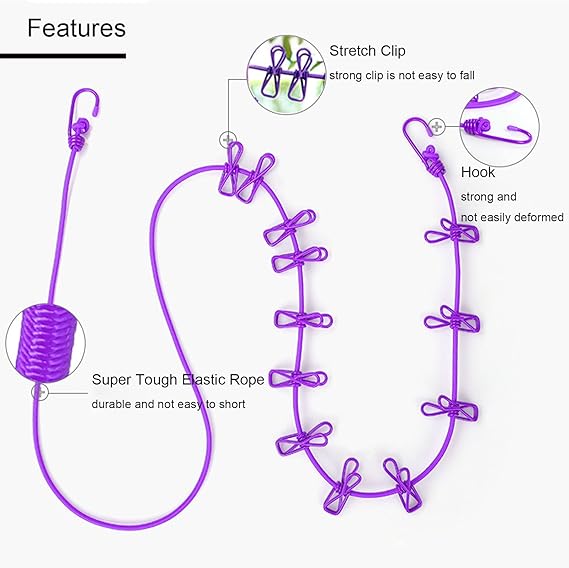clicksquad 2 PCS Portable Travel Clothesline Windproof Travel Clothesline Retractable Elastic Laundry Clothesline with 12 Clothespins Suitable for Indoor and Outdoor