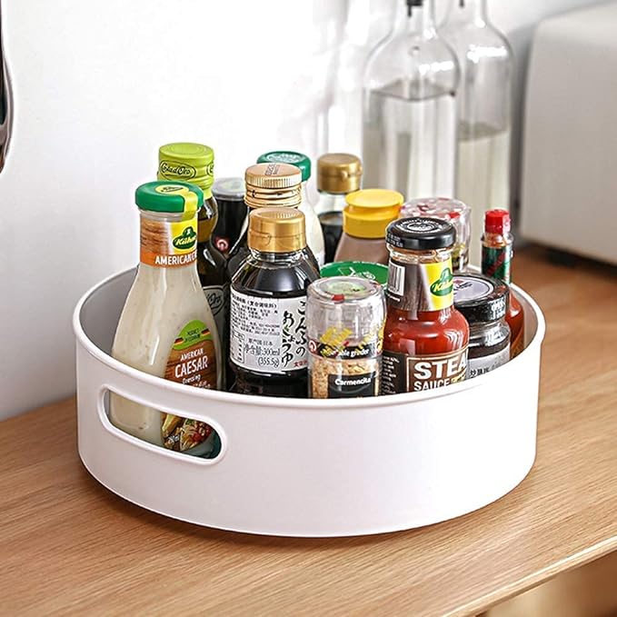 360 Degree Rotating Storage Tray Multifunctional Plastic Kitchen Storage Containers for Spice Jar Snack Food Cosmetic Turntable Rack Non-Slip Bathroom Storage Plate (Plastic)