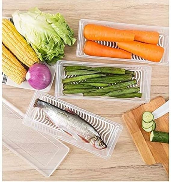 Fridge Storage Boxes Fridge Organizer with Removable Drain Plate and Lid Stackable Plastic Freezer Storage Containers for Fish, Meat, Vegetables, Fruits