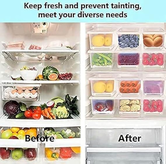 Fridge Storage Boxes Fridge Organizer with Removable Drain Plate and Lid Stackable Plastic Freezer Storage Containers for Fish, Meat, Vegetables, Fruits