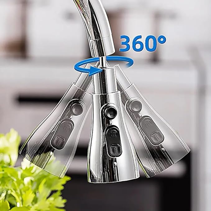 Universal Kitchen Faucet 3-Function Pull Down Sink Sprayer Attachment for Faucet Pull Out Spray Head Big Angle Rotatable Anti -Splash Faucet for Kitchen Rotating Sink Faucet Aerator (silver)