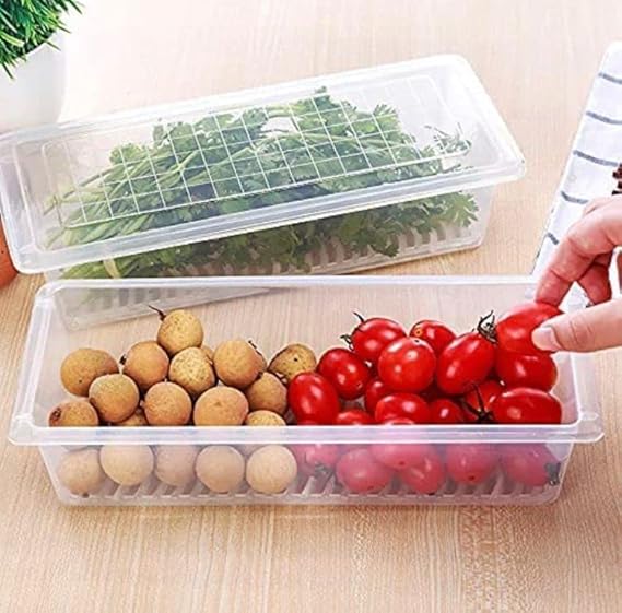 Fridge Storage Boxes Fridge Organizer with Removable Drain Plate and Lid Stackable Plastic Freezer Storage Containers for Fish, Meat, Vegetables, Fruits