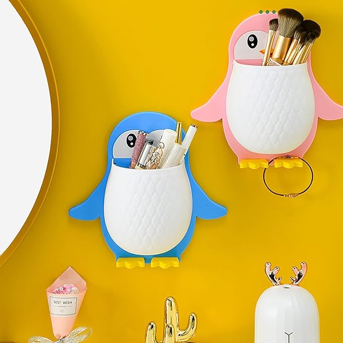Toothbrush Holder, Plastic Wall Mounted Penguin Shape Storage Organizer for Bathroom with Self Adhesive Stick Multipurpose Wall Shelves - ( Multicolor)