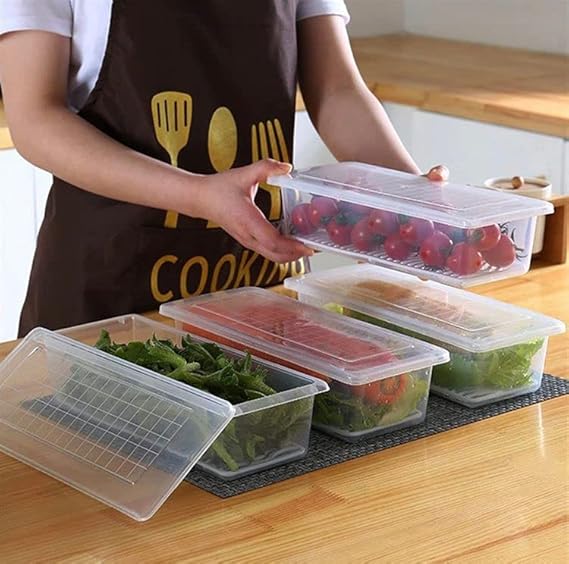 Fridge Storage Boxes Fridge Organizer with Removable Drain Plate and Lid Stackable Plastic Freezer Storage Containers for Fish, Meat, Vegetables, Fruits