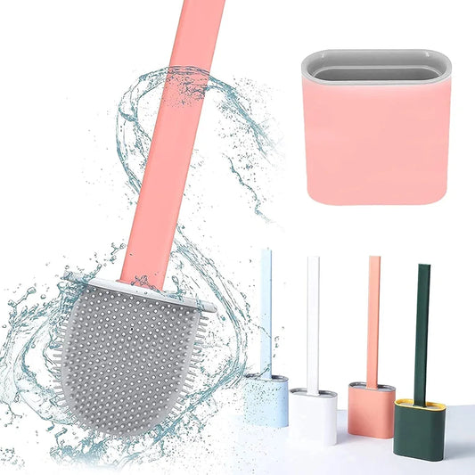 Toilet Brush with Hard Plastic Holder Comes with Slim Flex Brush Set, No-Slip Long Handle Soft Silicone Bristles Brush Ideal for Home and Kitchen Tiles Cleaning (Pack of 1)