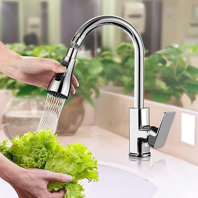 Universal Kitchen Faucet 3-Function Pull Down Sink Sprayer Attachment for Faucet Pull Out Spray Head Big Angle Rotatable Anti -Splash Faucet for Kitchen Rotating Sink Faucet Aerator (silver)