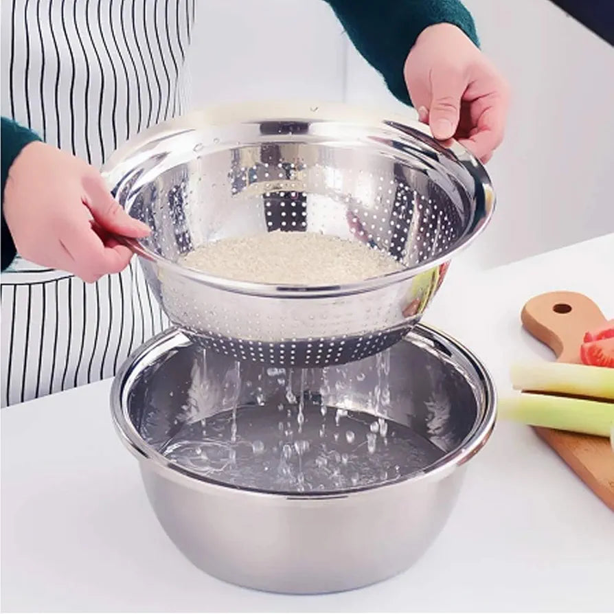 3 in 1 Kitchen Multipurpose Kitchen Stainless Steel Bowl, Drain Basket, Julienne Graters for Vegetable Cutter, Vegetable/Fruit Grater Washing Bowl Kitchen Mesh Strainers(Set of 1)