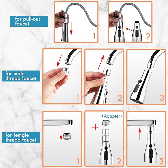 Universal Kitchen Faucet 3-Function Pull Down Sink Sprayer Attachment for Faucet Pull Out Spray Head Big Angle Rotatable Anti -Splash Faucet for Kitchen Rotating Sink Faucet Aerator (silver)