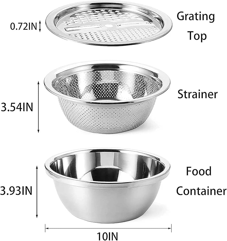 3 in 1 Kitchen Multipurpose Kitchen Stainless Steel Bowl, Drain Basket, Julienne Graters for Vegetable Cutter, Vegetable/Fruit Grater Washing Bowl Kitchen Mesh Strainers(Set of 1)