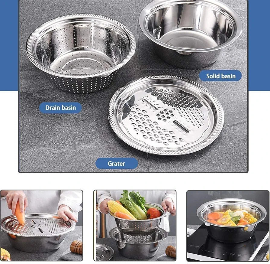 3 in 1 Kitchen Multipurpose Kitchen Stainless Steel Bowl, Drain Basket, Julienne Graters for Vegetable Cutter, Vegetable/Fruit Grater Washing Bowl Kitchen Mesh Strainers(Set of 1)