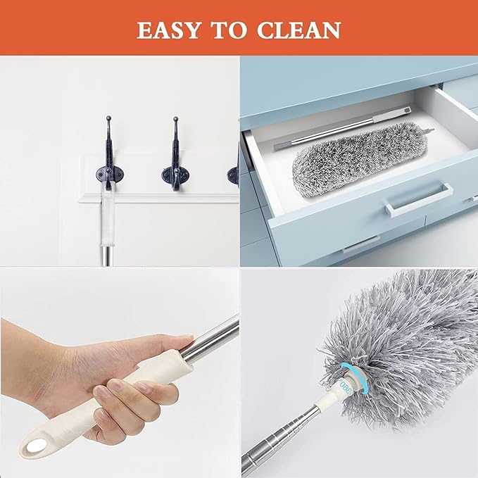 Foldable Microfiber cleaning brush Feather Duster Bendable & Extendable Fan Cleaning Duster with 100 inches Expandable Pole Handle Washable Duster for High Ceiling Fans, Window Blinds, Furniture