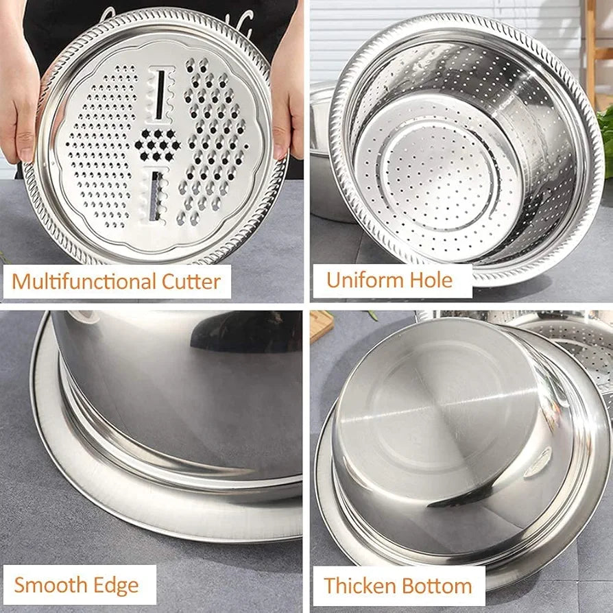 3 in 1 Kitchen Multipurpose Kitchen Stainless Steel Bowl, Drain Basket, Julienne Graters for Vegetable Cutter, Vegetable/Fruit Grater Washing Bowl Kitchen Mesh Strainers(Set of 1)