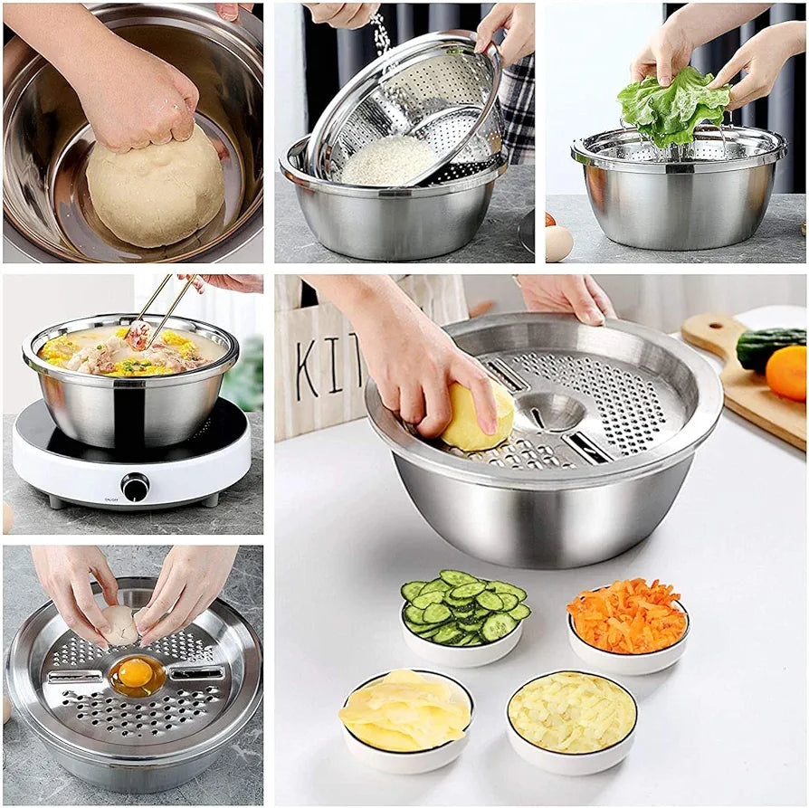 3 in 1 Kitchen Multipurpose Kitchen Stainless Steel Bowl, Drain Basket, Julienne Graters for Vegetable Cutter, Vegetable/Fruit Grater Washing Bowl Kitchen Mesh Strainers(Set of 1)