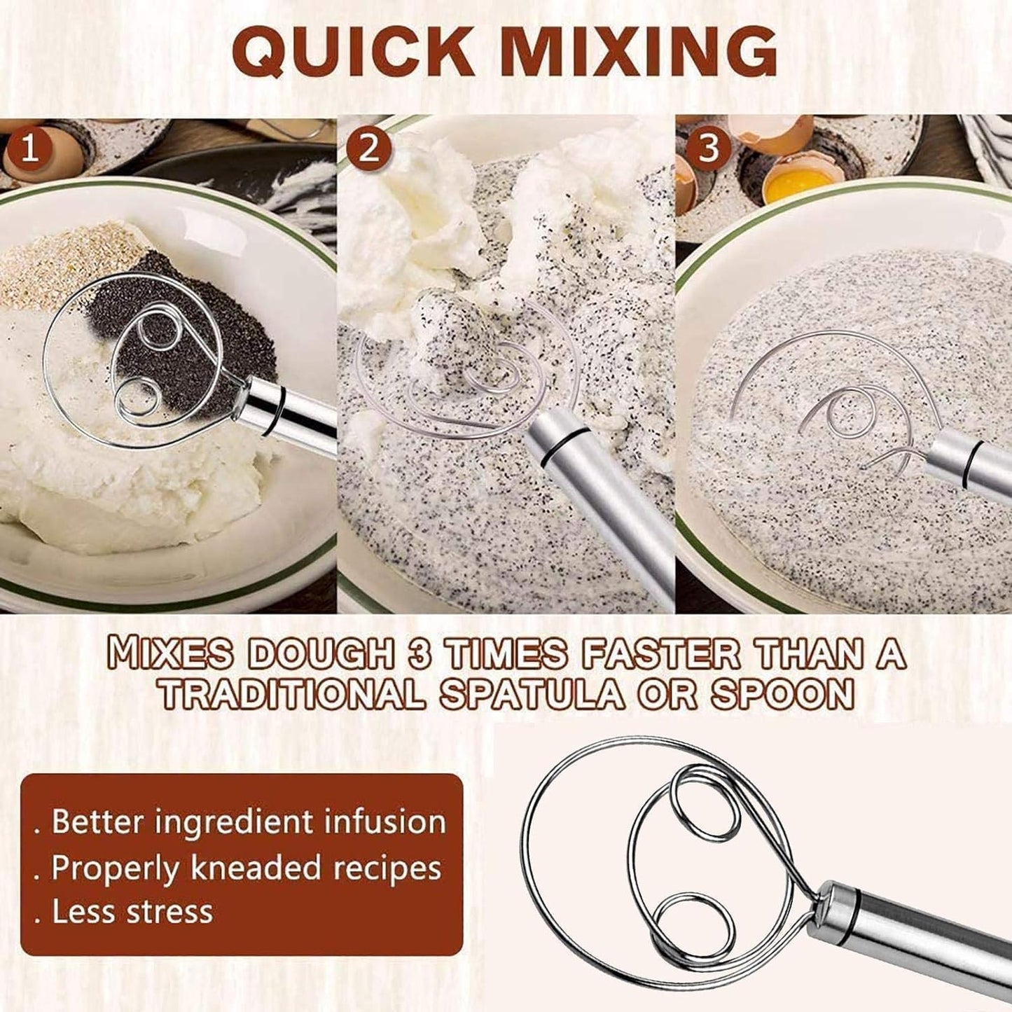 Multifunctional Effortless Stainless Steel Dough Mixer with Hanging Hole Durable Time-Saving Mixing Stick Baking Tools Egg Beater for Home Kitchen Baking Accessories 1 Pcs