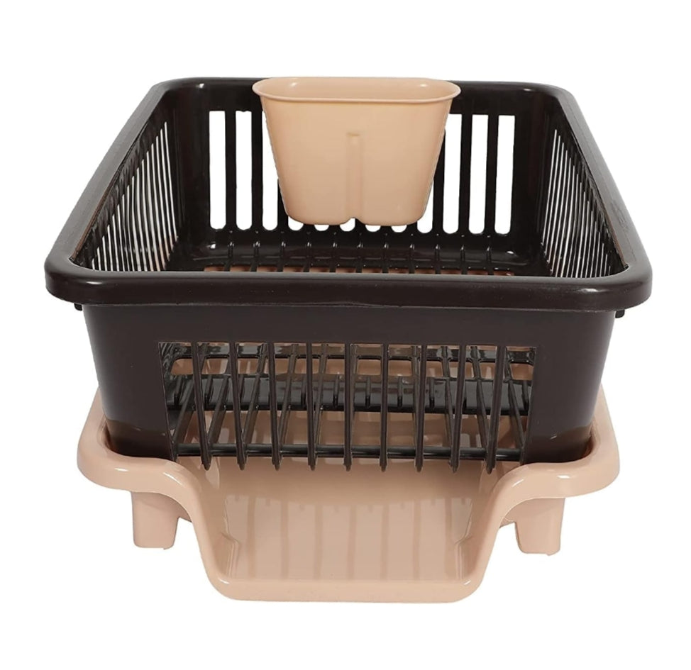 Plastic Durable Kitchen Drainer Dish Rack Organizer/Drying Tray, Dish Rack with Drying Tray (Brown & Beige, 45 x 32 x 18 cm, Dish Rack Br&B)