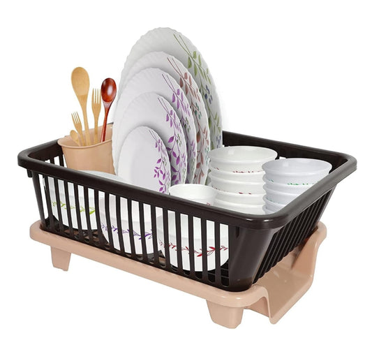 Plastic Durable Kitchen Drainer Dish Rack Organizer/Drying Tray, Dish Rack with Drying Tray (Brown & Beige, 45 x 32 x 18 cm, Dish Rack Br&B)