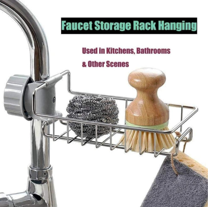 Stainless Steel Kitchen and Bathroom Faucet Soap Scrubbers Sponge Holder Rack Hanging Sink Organizer Stand Caddy Rack Towel Holder