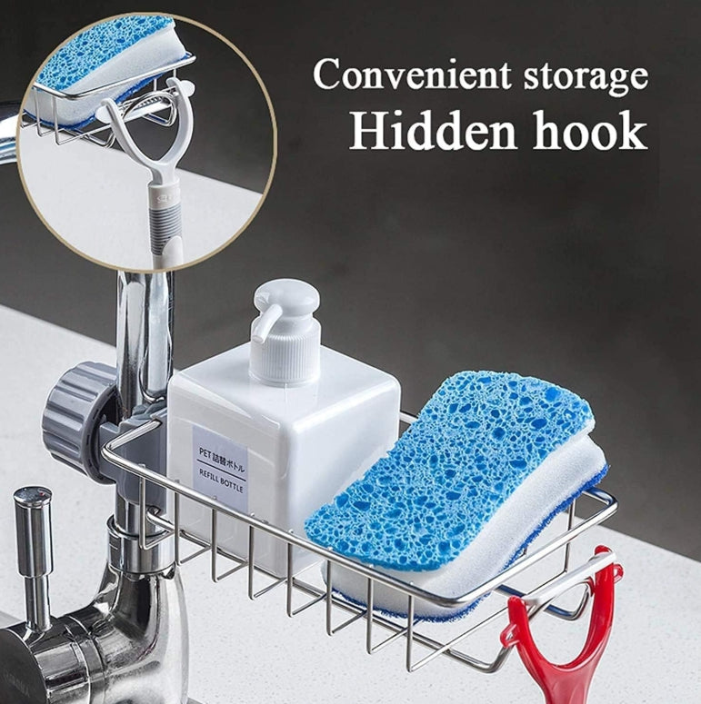 Stainless Steel Kitchen and Bathroom Faucet Soap Scrubbers Sponge Holder Rack Hanging Sink Organizer Stand Caddy Rack Towel Holder