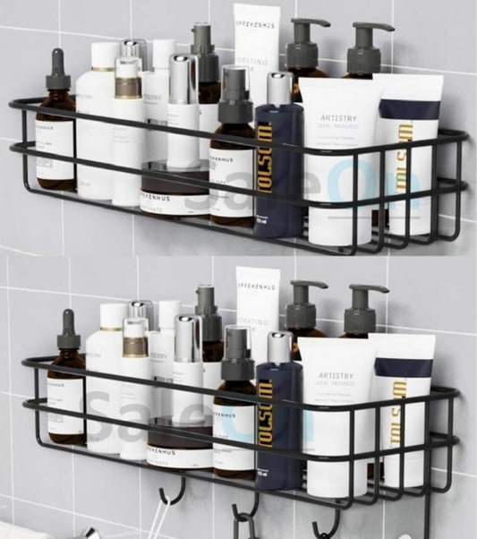 Bathroom Stand Wall-Mounted Bathroom Accessories, Bathroom Shelf for Wall, Bathroom Organiser, Adhesive Washroom Organizer with Hooks, Black Bathroom Rack & Towel Holder Stand