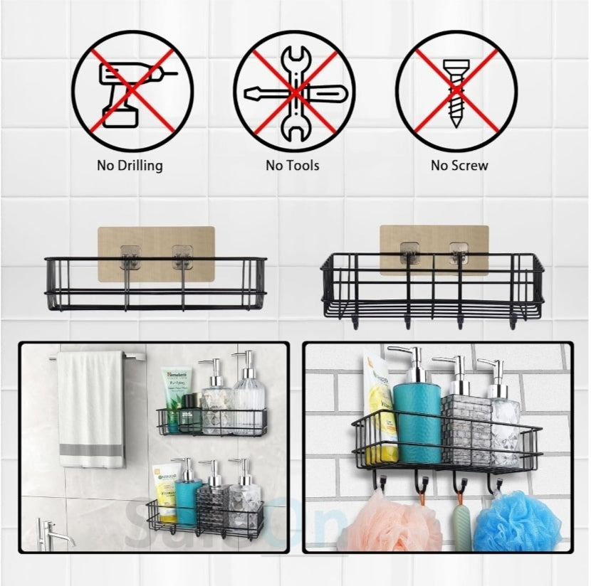 Bathroom Stand Wall-Mounted Bathroom Accessories, Bathroom Shelf for Wall, Bathroom Organiser, Adhesive Washroom Organizer with Hooks, Black Bathroom Rack & Towel Holder Stand