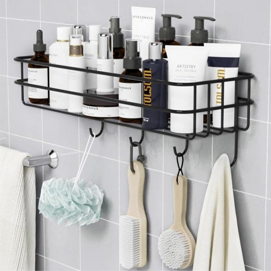 Bathroom Stand Wall-Mounted Bathroom Accessories, Bathroom Shelf for Wall, Bathroom Organiser, Adhesive Washroom Organizer with Hooks, Black Bathroom Rack & Towel Holder Stand