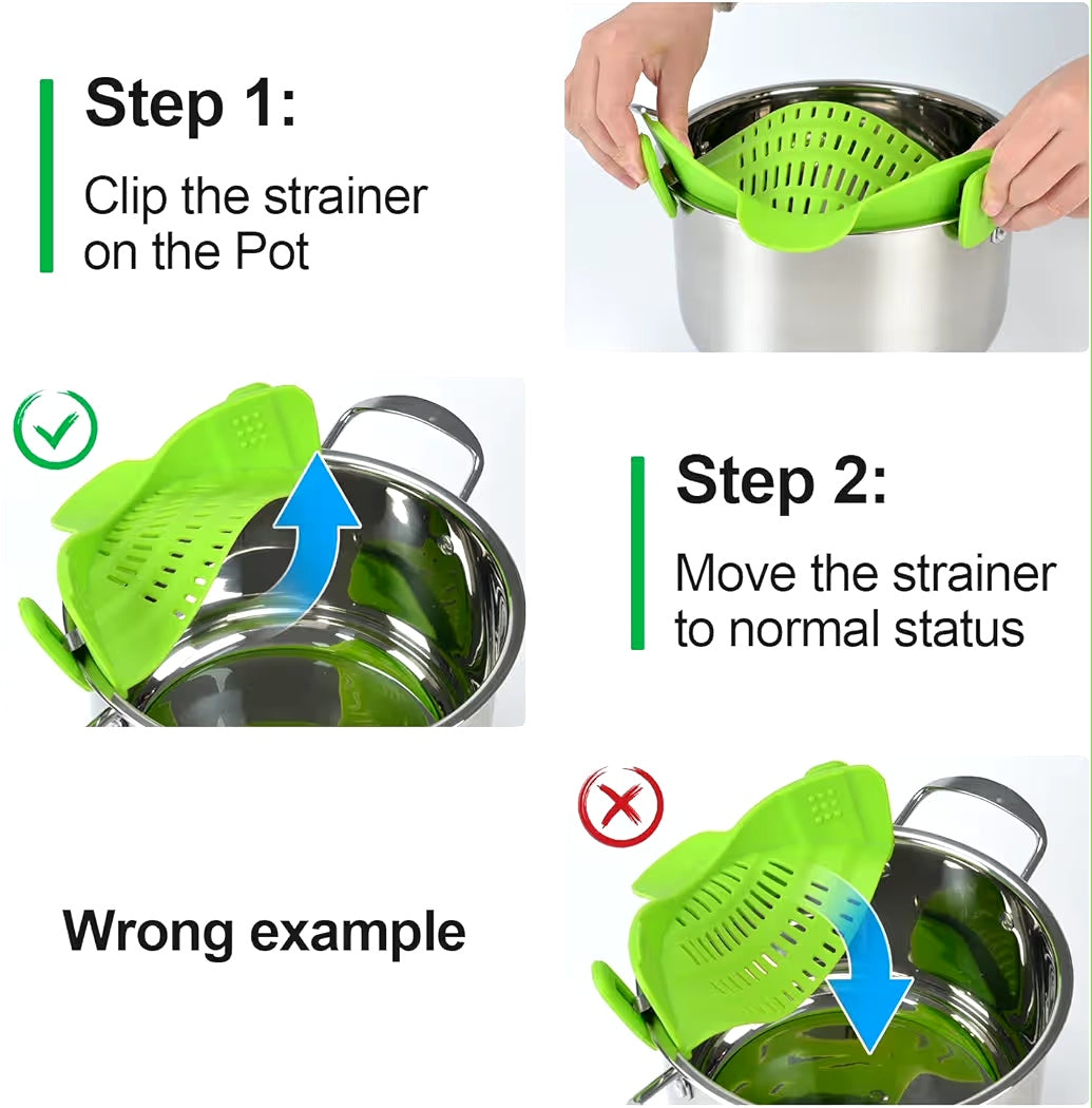 1 Pcs Clip on Strainer, Pot Strainer for Pasta Meat Vegetables Fruit, Silicone Strainer - Fit All Pots Bowls.