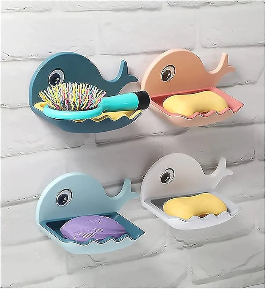 Soap Stand Holder for Bathroom Kitchen Sink Magic Stickers Wall Mounted (Pack of 2 Pcs) Soap Dish Holder, Fish Design Random Color(Plastic)