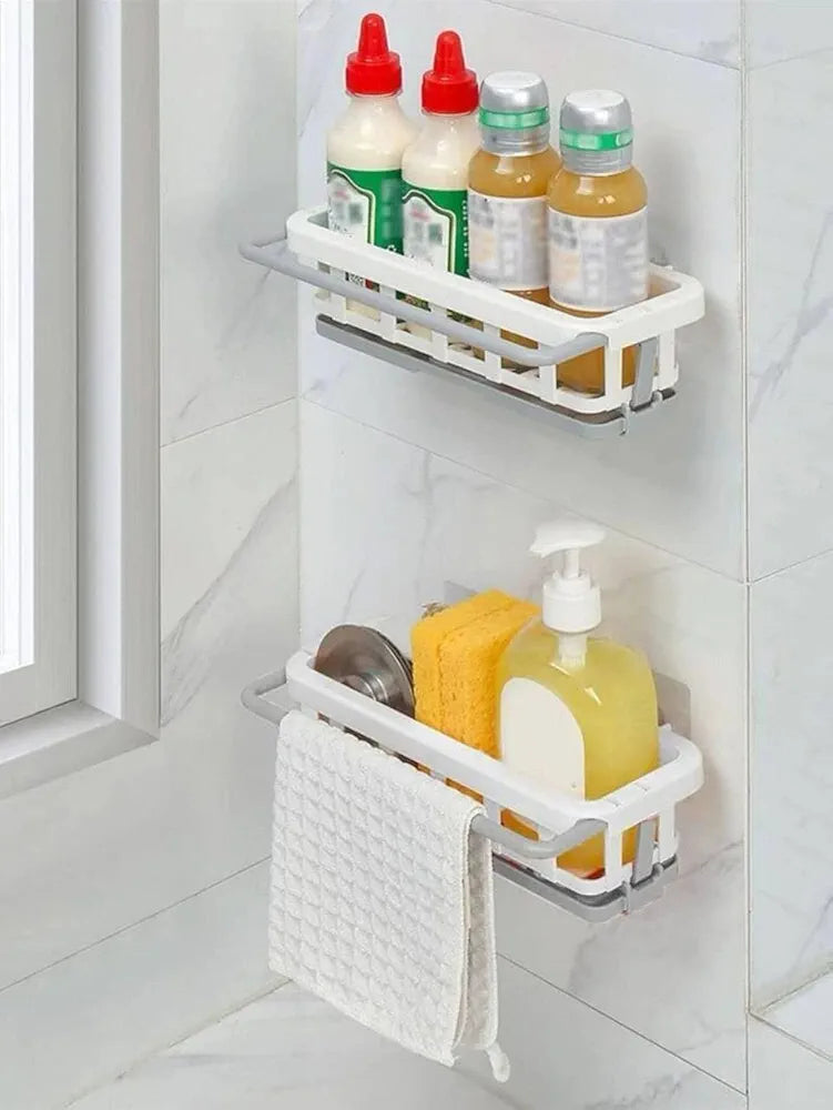 Two Tone Hanging Drain Rack, Retractable Storage Rack with Sponge Drain Tray, Kitchen Bathroom Sink Tray with Drying Basket, Kitchen Storage Organiser (Multicolor, Pack of 1 Pcs)