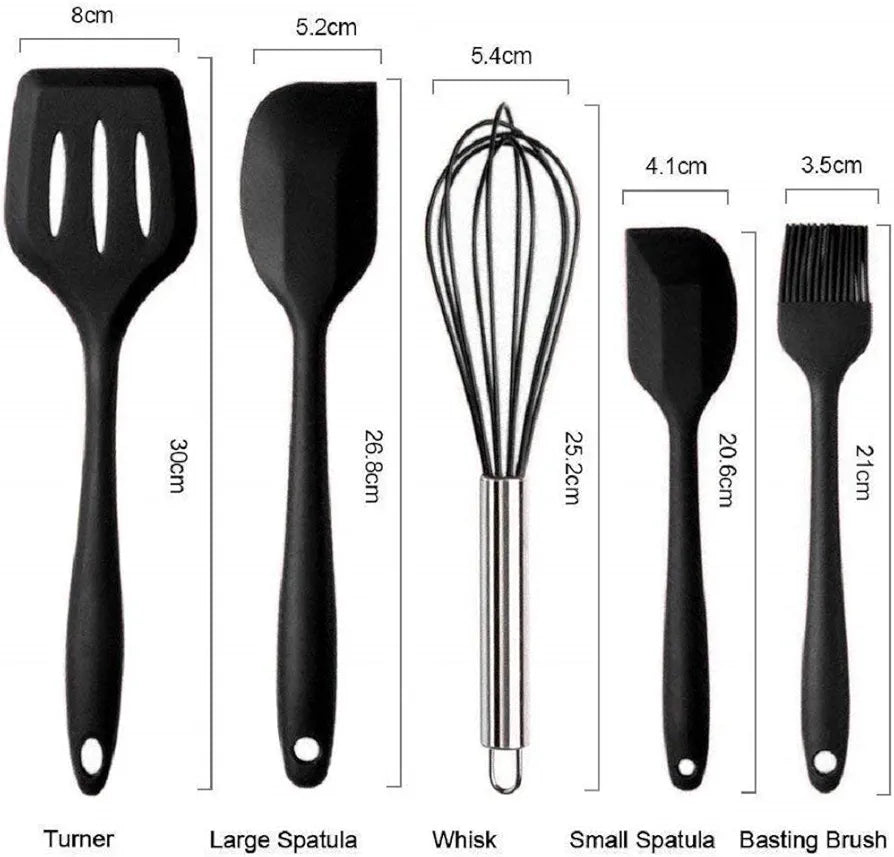 Silicone Kitchen Spatula and Utensils Spoon Set Cooking + Baking Set- 12 Pcs Non-Stick with Wooden Handle-BPA Free, Heat Resistant Item, Flexible Non Toxic Silicon Cookware Tools