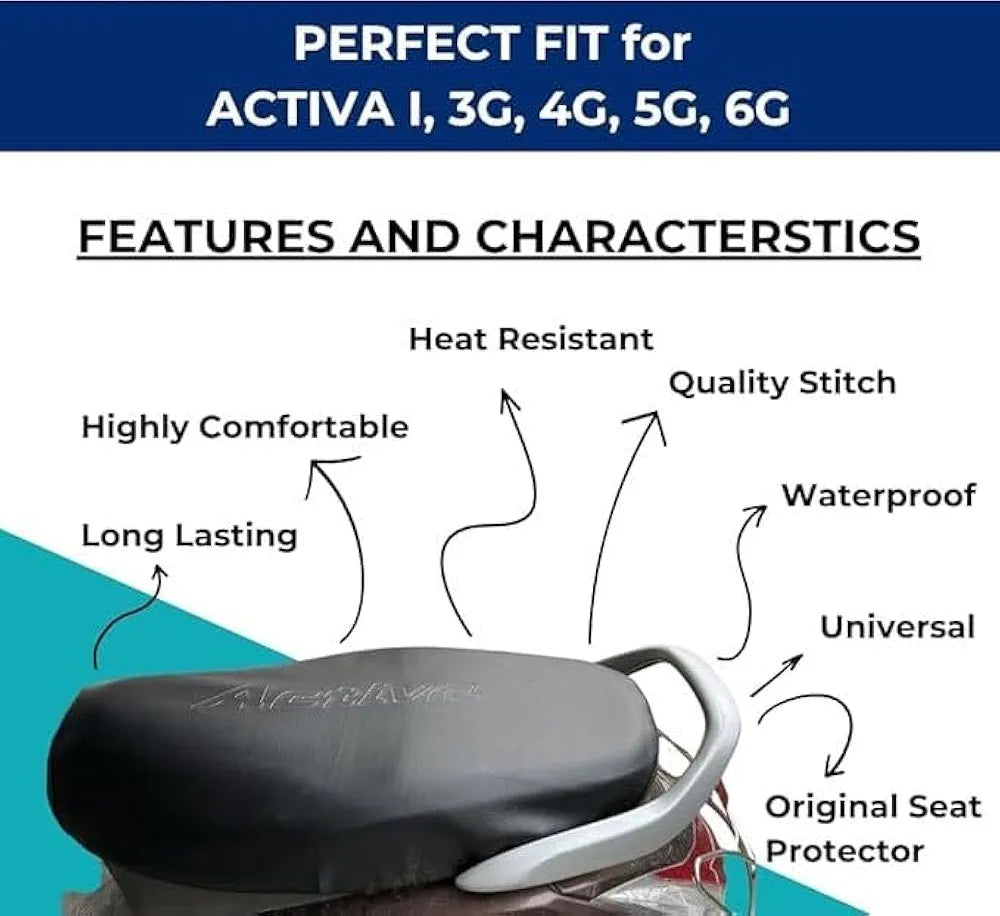 Black Leather Seat Cover for Honda Activa - Fits All Models (3G/4G/5G/6G), Waterproof, Heat Resistant, Rope Fitted, Durable and Stylish Protection