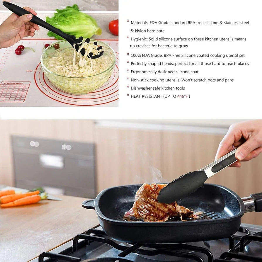 Silicone Kitchen Spatula and Utensils Spoon Set Cooking + Baking Set- 12 Pcs Non-Stick with Wooden Handle-BPA Free, Heat Resistant Item, Flexible Non Toxic Silicon Cookware Tools