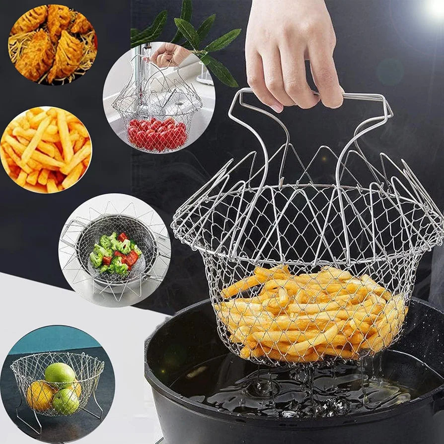 Stainless Steel Deep Fry Strainer for Kitchen | Foldable Steam Rinse Deep Frying Basket | Rinsing Frying Steaming/Oil Cooking Jhara/Filter/Channi for Chips & Pasta