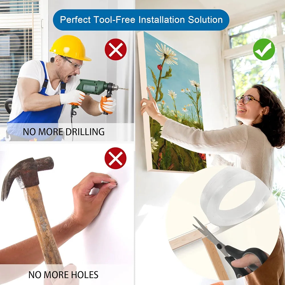 Double Sided Tape Heavy Duty, Multipurpose Removable Clear & Tough Mounting Tape Sticky Adhesive, Reusable Strong Wall Tape Picture Hanging Strips Poster Carpet Tape