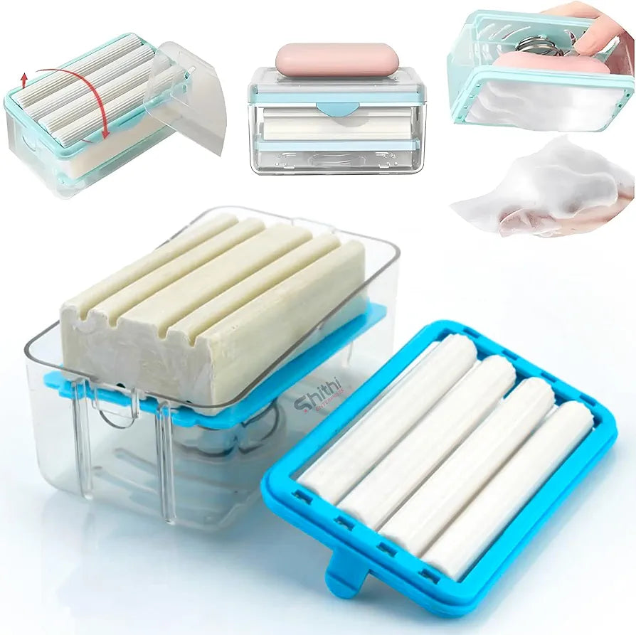 Plastic 2-in-1 Portable Laundry Rolling Soap Box Soap Bar Box Dispenser with Rubber Roller Foaming Soap Saver with Drain Holes and Spring Travel Soap Holder, Multicolor (12.2L x 7.2W Cm)